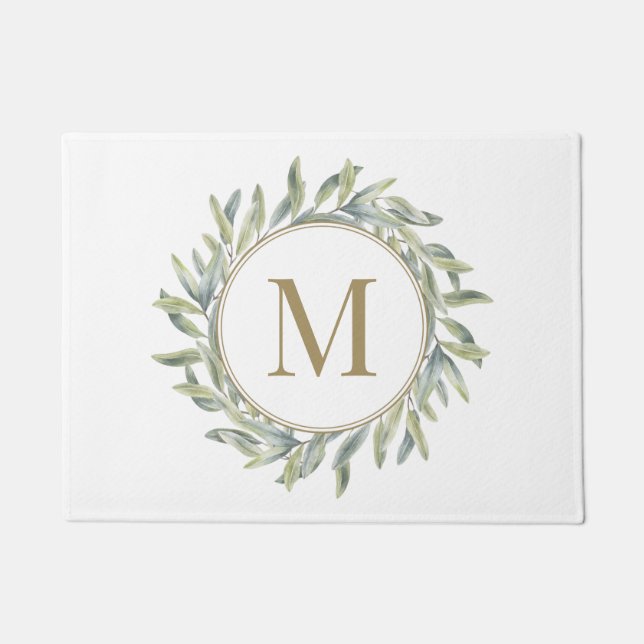 Olive Branch Laurel Wreath Personalized Monogram Doormat (Front)