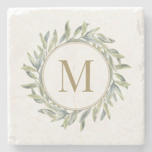 Olive Branch Laurel Wreath Personalized Monogram Stone Coaster