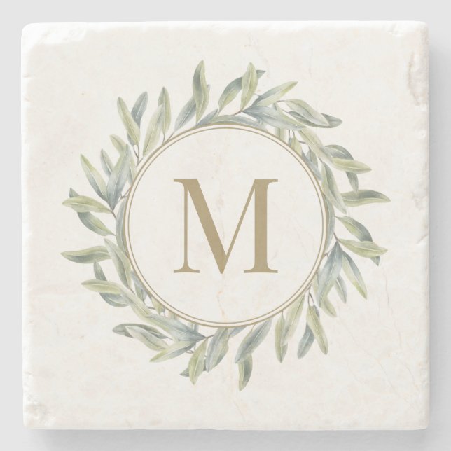 Olive Branch Laurel Wreath Personalized Monogram Stone Coaster (Front)
