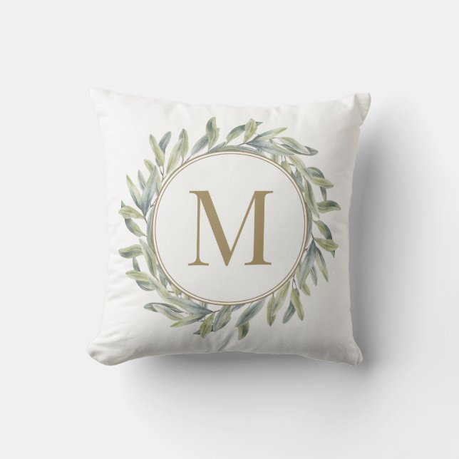 Olive Branch Laurel Wreath Personalized Monogram Throw Pillow (Front)