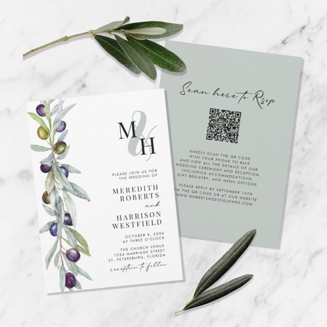 Olive Branch Love Symbol Monogram Wedding Invitation (Creator Uploaded)
