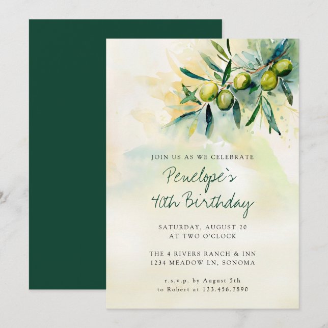 Olive Branch Mediterranean Botanical 40th Birthday Invitation (Front/Back)