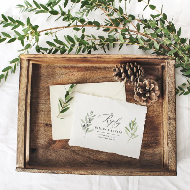 Olive branch minimal watercolor sage wedding reply postcard (Creator Uploaded)