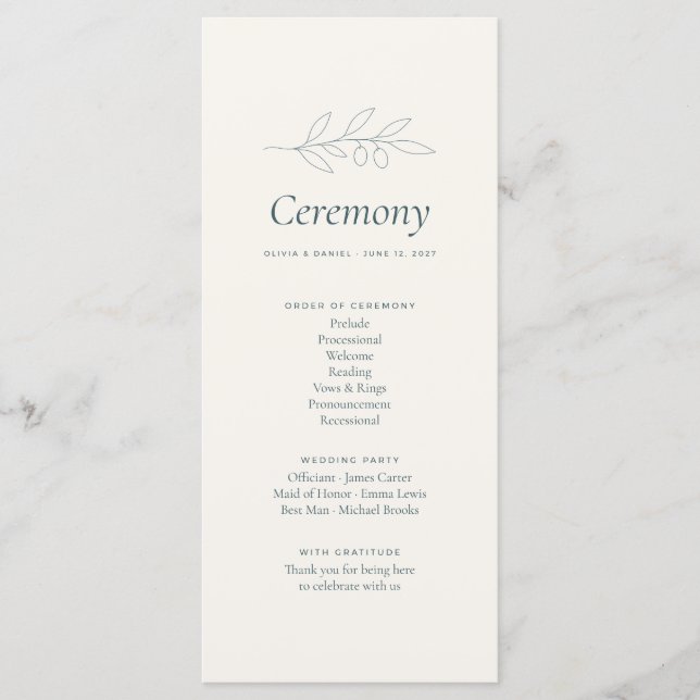 Olive Branch Minimalist Wedding Ceremony Program (Front)