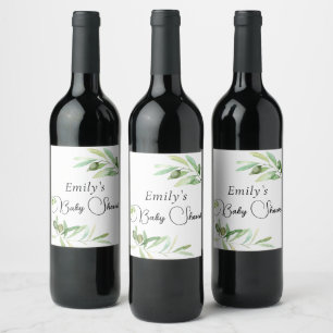 Olive branch Modern minimalist baby shower Wine Label