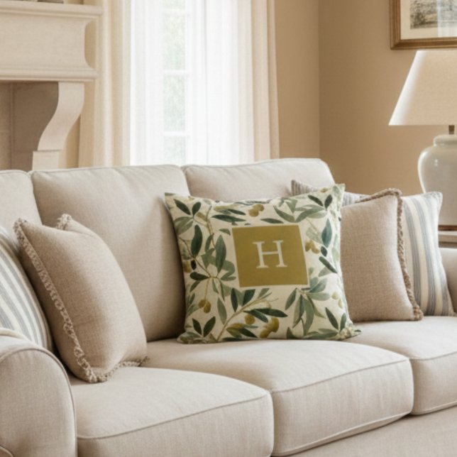 Olive Branch Monogram Initial Botanical Throw Pillow (Creator Uploaded)