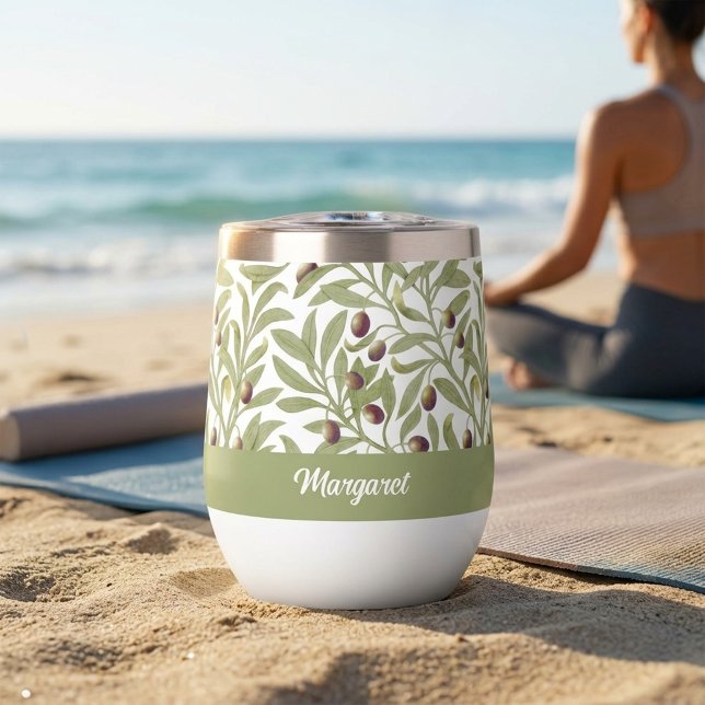 Olive Branch Name Monogram Sage Green (Olive Branch Name Monogram Sage Green Thermal Wine Tumbler)
