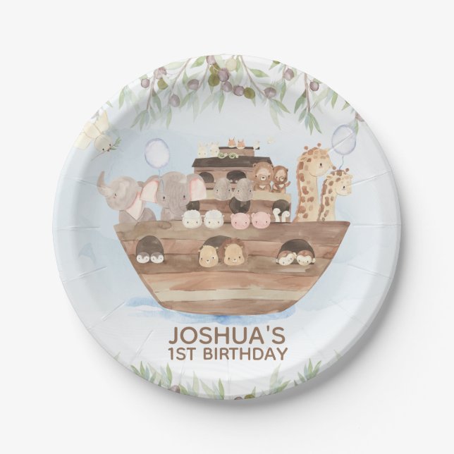 Olive Branch Noahs Ark 1st Birthday Party Plate (Front)