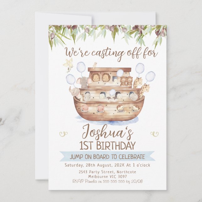 Olive Branch Noah's Ark Boys 1st Birthday Invitation (Front)