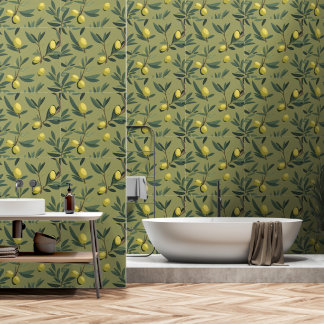 olive branch pattern  green wallpaper