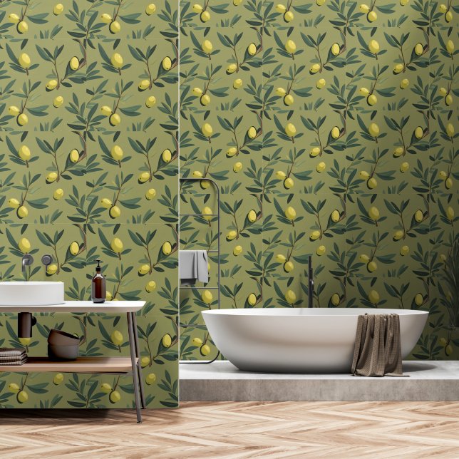 olive branch pattern  green wallpaper (Bathroom)