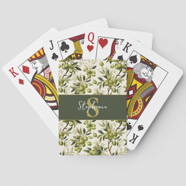 Olive Branch Pattern Monogram Name Mediterranean Playing Cards (Back)