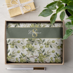 Olive Branch Pattern Monogram Name Mediterranean Tissue Paper