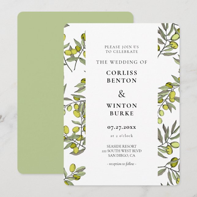 Olive branch pattern wedding invitation (Front/Back)