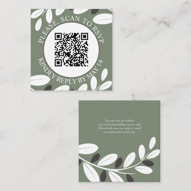 Olive branch, QR code RSVP Mediterranean wedding Enclosure Card (Front/Back)