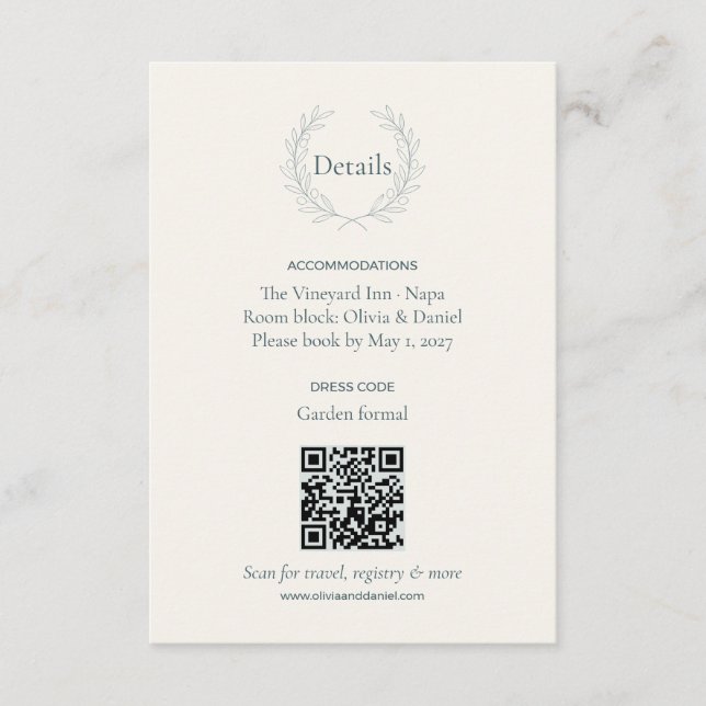 Olive Branch QR Code Wedding Details Card (Front)
