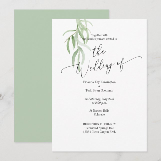 Olive Branch Sage Green Wedding Invitation (Front/Back)
