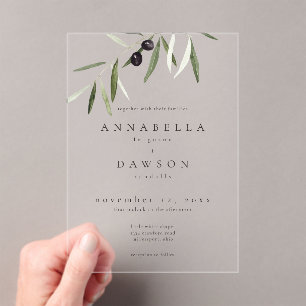 Olive Branch Watercolor Elegant Minimalist Wedding Acrylic Invitations