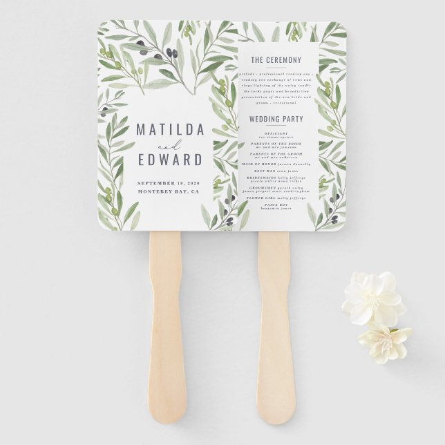 Olive branch watercolor painted wedding hand fan (Front and Back)