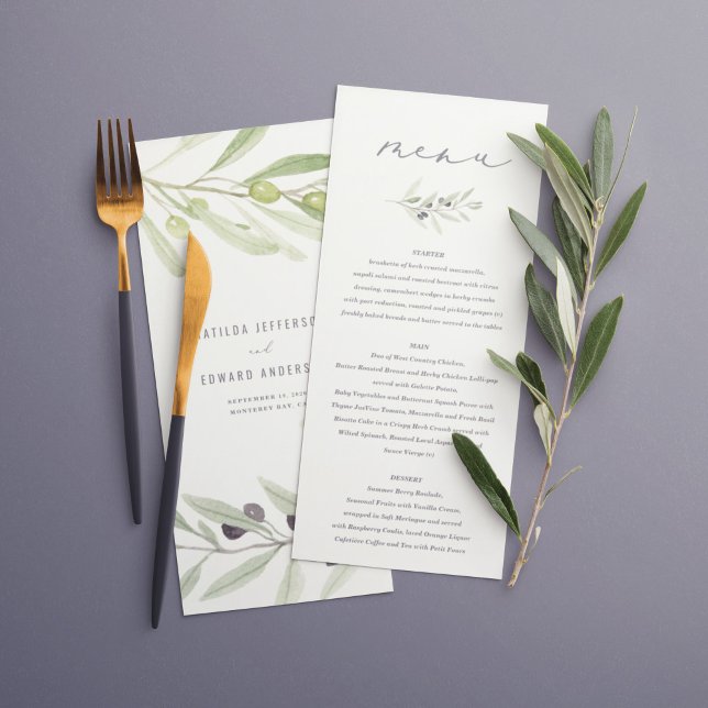 Olive branch watercolor painted wedding menu (Creator Uploaded)