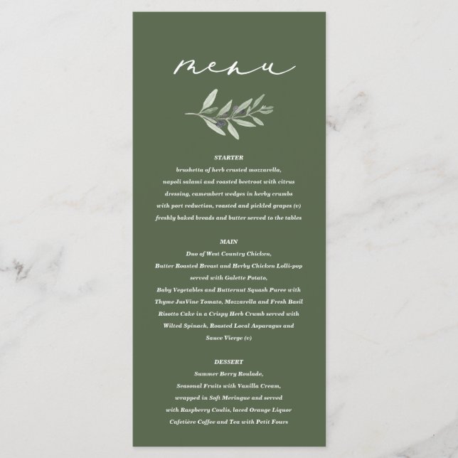 Olive branch watercolor painted wedding menu (Front)