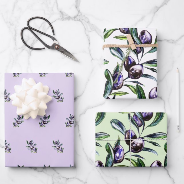 Olive Branch Watercolor Pattern  Wrapping Paper Sheet (Front)