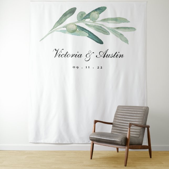 Olive Branch Wedding Backdrop, Photo Booth Prop Tapestry (In Situ)