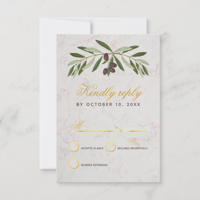 Olive Branch Wedding Elegant Script Faux Gold Foil RSVP Card (Front)