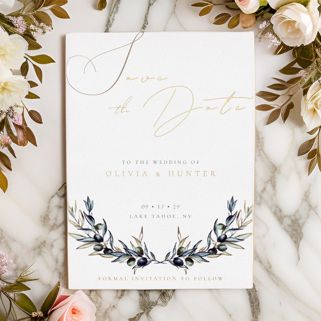 Olive Branch Wedding Save the Date White and Gold (Creator Uploaded)