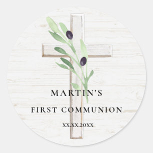 Olive branch white wood Cross First Communion Classic Round Sticker
