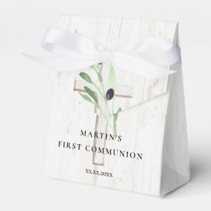 Olive branch white wood cross First Communion  Favor Box
