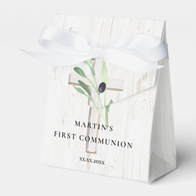 Olive branch white wood cross First Communion  Favor Box (Front Side)