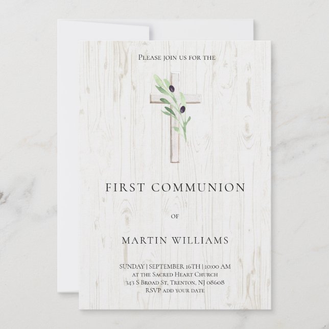 Olive branch wood Cross Catholic First Communion I Invitation (Front)