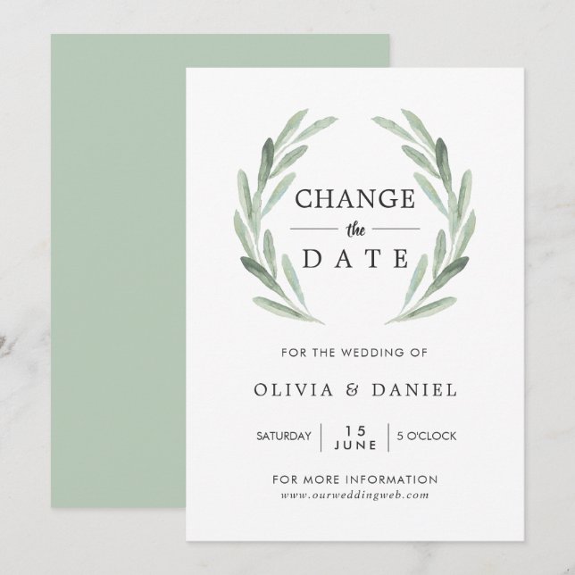 Olive Branch Wreath Change the Date Wedding Invitation (Front/Back)