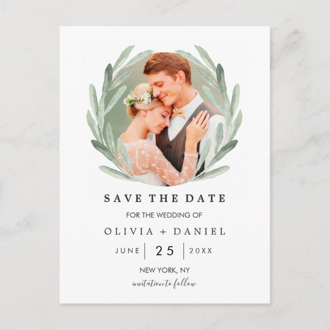 Olive Branch Wreath Classy Wedding Save the Date Announcement Postcard (Front)