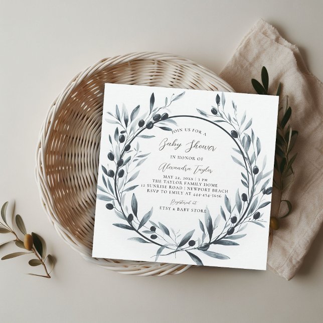 Olive Branch Wreath Gender Neutral Baby Shower  Invitation (olive branch gender neutral baby shower invitation wreath watercolor modern minimalist elegant)