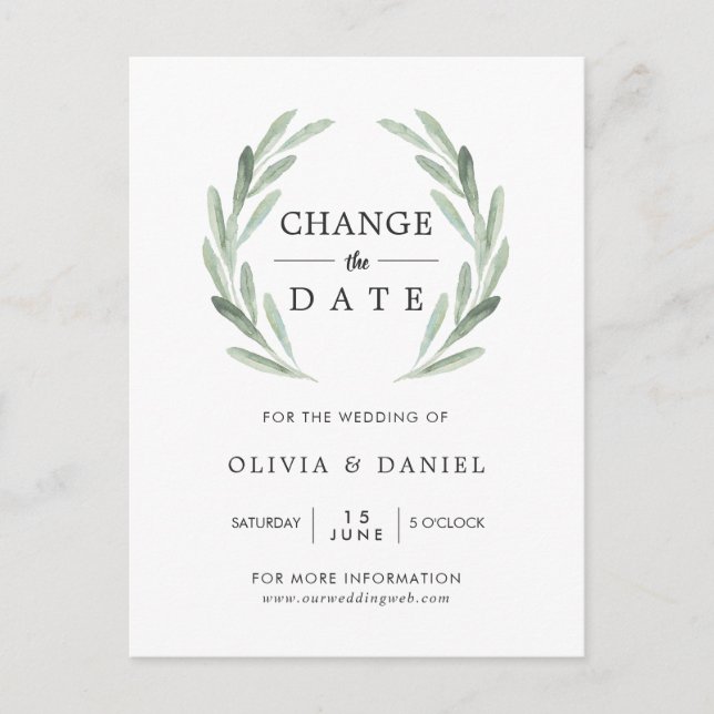 Olive Branch Wreath Wedding Change the Date Postcard (Front)