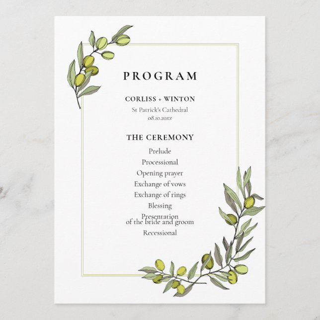 Olive branches frame double sided wedding program (Front)