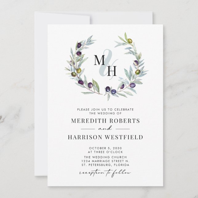 Olive Branches Monogram Wreath Wedding Invitation (Front)