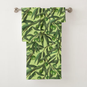 Olive branches on honeydew green bath towel set