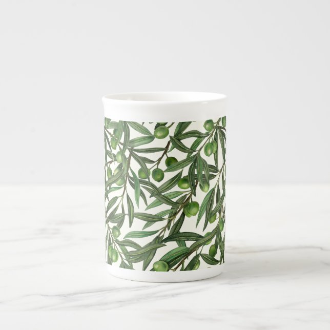 Olive branches on off white bone china mug (Front)
