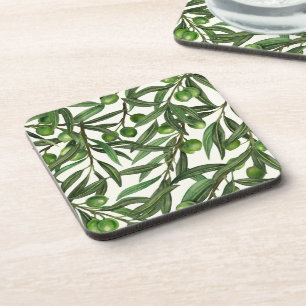 Olive branches on off white coaster