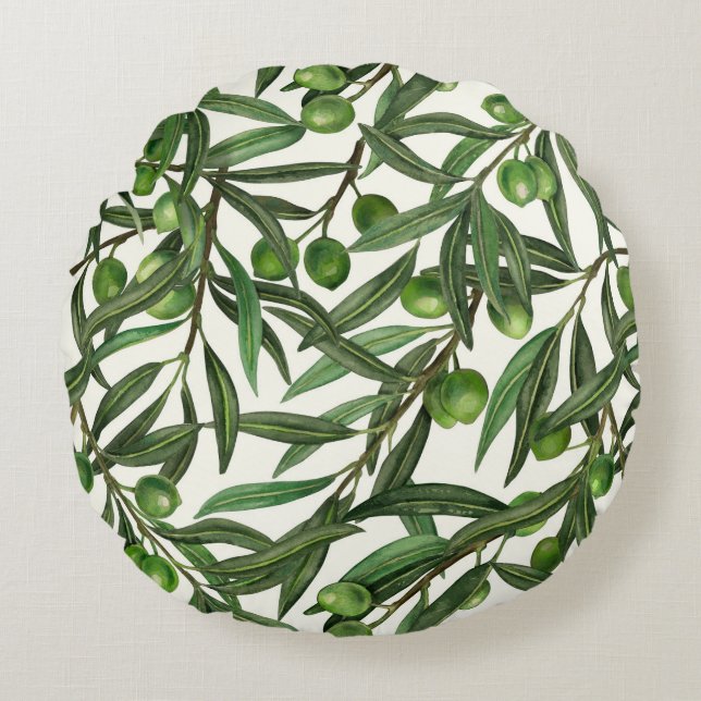Olive branches on off white round pillow (Front)