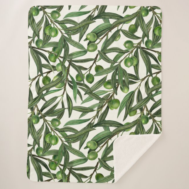 Olive branches on off white sherpa blanket (Front)