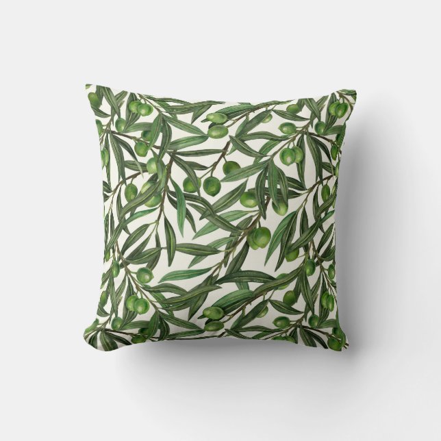 Olive branches on off white throw pillow (Front)