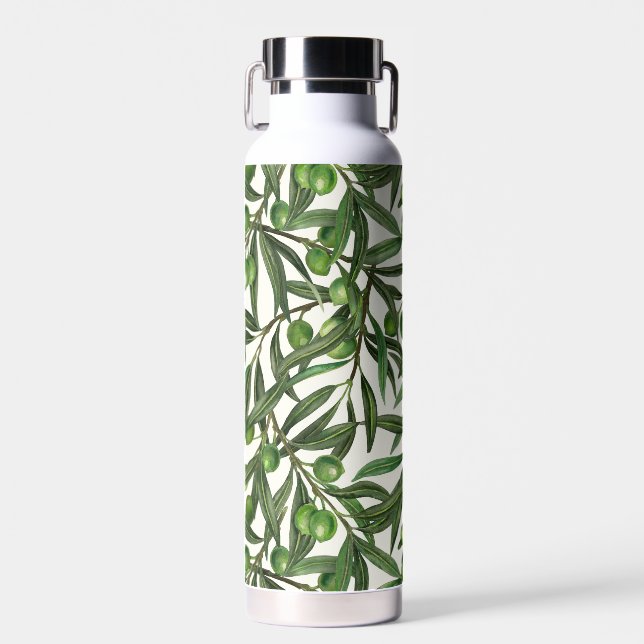 Olive branches on off white water bottle (Front)