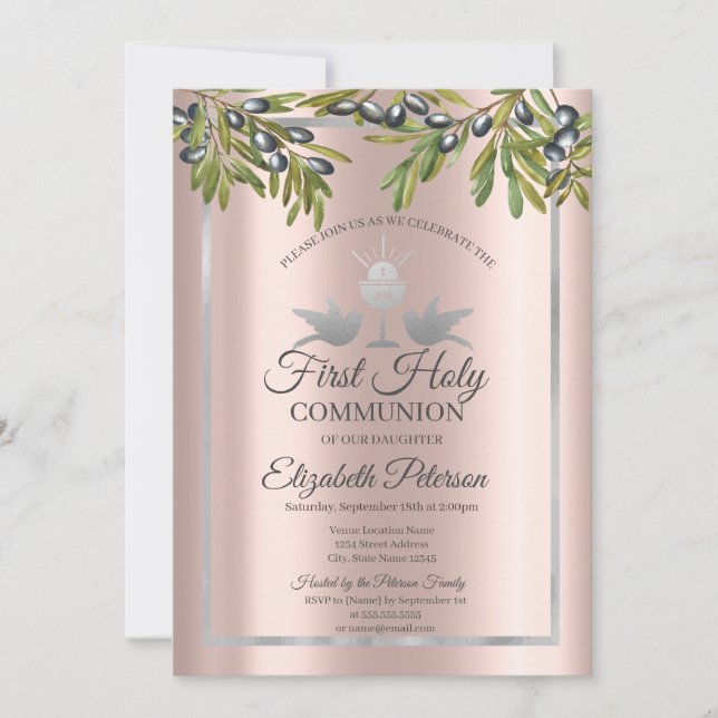 Olive Branches Rose Gold First Holy Communion   Invitation (Front)