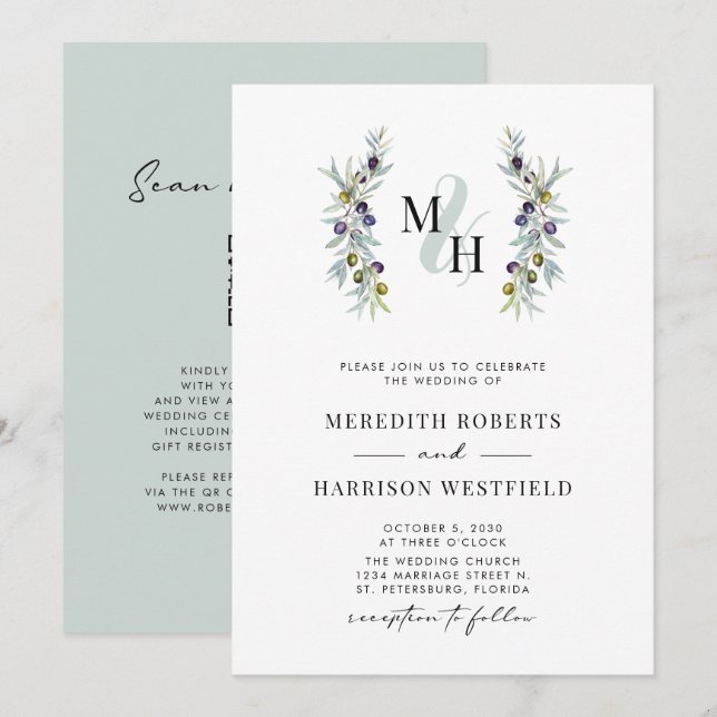 Olive Branches Symbol of Love Monogram Wedding Invitation (Front/Back)