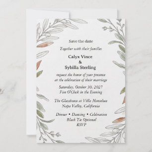 Olive Branches, Watercolor Foliage, Botanical Line Invitation