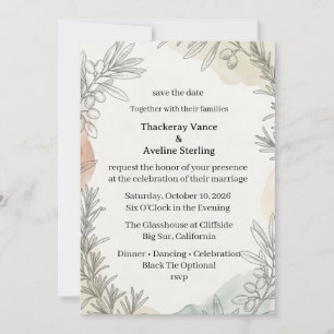 Olive Branches, Watercolor Foliage, Botanical Line Invitation